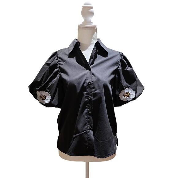 y Design S Black Puff Sleeve Button Up Embroidered Top NWT Poplin Holiday Chic - Picture 3 of 13